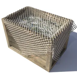 Detailed 3D Blender model of a wooden fish crate with draped net, ideal for maritime scenes.