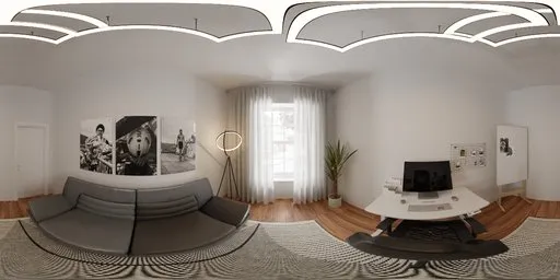 360-degree HDR lighting of a cozy, modern home office with natural daylight.