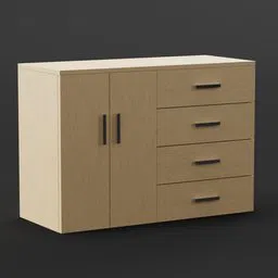 Detailed wooden 3D commode model for Blender, with drawers and cabinet doors, modern design.