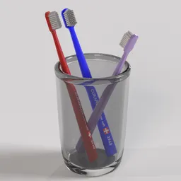 "Toothbrushes in glass with white background - a 3D model created using Blender 3D. This utility category 3D model features three toothbrushes with a procedural material. Perfect for Blender 3D enthusiasts searching for high-quality dental-related models."
