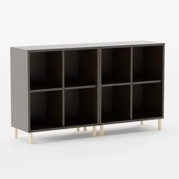 "Black Eket Ikea shelving unit with four shelves created in Blender 3D software based on instructions from the Latvian Ikea website. Cartoonish and simplistic style, perfect for adding storage to any room. 3/4 side view with upper torso, as seen on store website."