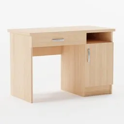 Realistic wooden desk 3D model with drawer and cupboard, rendered in Blender, ideal for office or home workspace.