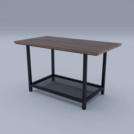 3D-rendered stylish wooden table with iron mesh shelf, suitable for Blender projects.