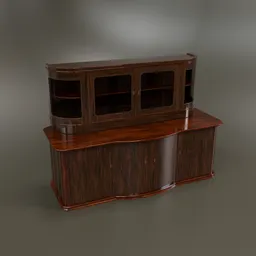 Realistic vintage wooden cabinet 3D model with glass windows, detailed textures, optimized for Blender EEVEE rendering.