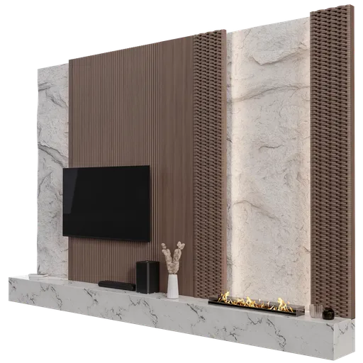 Detailed 3D model showcasing a modern TV wall set with textures and lighting, compatible with Blender cycles, in cm.