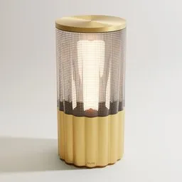 "Totem - Reeded table lamp in Blender 3D: A stunning golden goddess Athena inspired design. This high-definition 3D model showcases an integrated directoire-style product render. The transparent reeded shell exquisitely encases the candle-like internal light, featuring a brass mesh lining for added elegance."