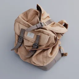 Detailed 3D model of a crumpled beige textile backpack with straps and buckles, suitable for Blender rendering.