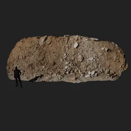 "3D model of a pile of sand and rocks for agricultural or reconstruction purposes, created with Blender 3D software. Features a man standing in front of a large rock amid occasional small rubble. Perfect for realistic depictions of ground broken or digging processes."