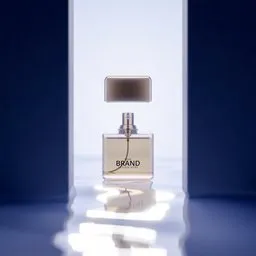 Elegant 3D-rendered perfume bottle with reflection on water surface, illuminated by a soft light in a minimalistic setting.