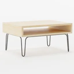 Sleek Blender 3D coffee table model with wooden top and elegant metal legs, showcasing UV mapping and low-render detail.