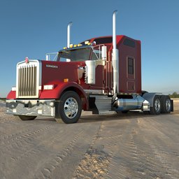 Detailed 3D Blender model of a red Kenworth W900 truck with procedural textures and simple low-poly interior.