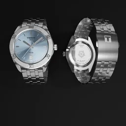 "Get the timeless Tissot PR100 Quartz Gent 3D model for Blender 3D. This smart-wristwatch features a silver band with blue and gray colors, subsurface scattering, and trinity design. Perfect for preppy and classic styles, this 3D model is a must-have."