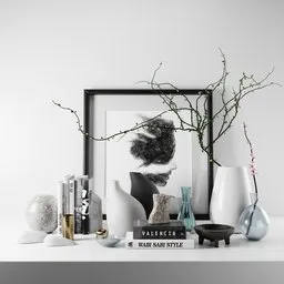 Elegant Blender 3D decoration set featuring twigs, vases, and modern artistic elements.