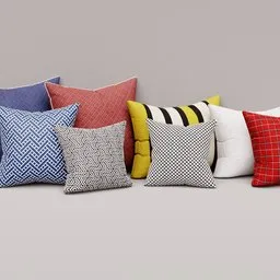 "Discover our 'Pillow Collection' 3D model for Blender 3D: 8 ultra-realistic pillows with varied textures, perfect for decorating your sofa. Inspired by Johan Lundbye, this model showcases sharp and blocky designs with brightly colored checkered motifs on a textured base. Ideal for presenting wares on your store website or promoting your furniture pieces."