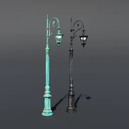Detailed 3D model of an antique swan neck lamp post, suitable for Blender 3D projects and cityscape designs.