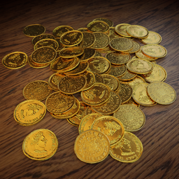 "A highly detailed pile of gold coins created with Blender 3D's rigid body simulation. Perfect for your money-themed 3D projects. By Daarken, Altichiero, and Mattise."