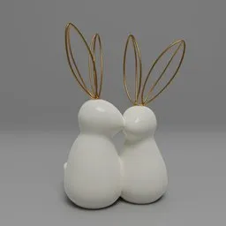 Elegant 3D-rendered ceramic rabbits with metallic golden ears for interior design visualization in Blender.