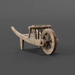 "Medieval-style wooden wheelbarrow 3D model for Blender 3D. High detail render inspired by ancient Mesopotamia and featuring an ax and wooden wheel. Perfect for decorating medieval scenes. Available on 3D marketplace BlenderKit in the industrial vehicle category."