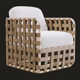 High-quality 3D rendering of a modern rattan lounge chair with woven leather details, compatible with Blender.