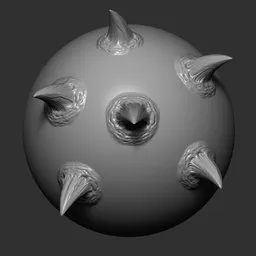 3D model sculpting brush creating detailed horn and vein textures for Blender creature design