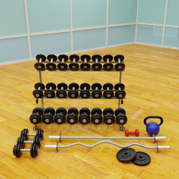 Realistic 3D model set of gym weights including dumbbells and barbells, created with Blender.