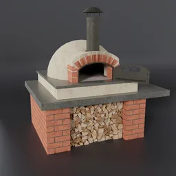 "Outside pizza oven with brick base and stone door, rendered in Autodesk by Giotto. High sample render, woodfired and gridless for excellent cooking experience."