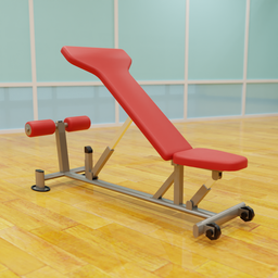 Realistic 3D model of red incline bench gym equipment on wooden floor, detailed for Blender Cycles rendering.