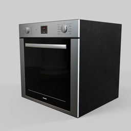 "3D model of black BOSCH NGM5456UC oven with silver door, rendered in Blender 3D. Official product image, low-polygon game asset inspired by Frederick Hammersley with fluent cloths and processor. Ideal for kitchen appliance visualizations in 3D."