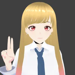 "Marin Kitagawa Uniform" - a highly detailed 3D model for Blender 3D. This woman character features a realistic skin shader, long, free-flowing black straight hair, and a blue tie. Inspired by anime aesthetics, this model showcases an anime girl with blonde hair, creating a peace sign gesture and adorned with various cute elements like a holo sticker and icon-style features. Perfect for 2021 anime projects.