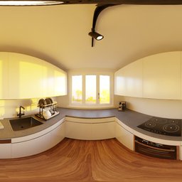Panoramic HDR of a bright, warm kitchen with wooden floors, white counters, and natural morning light through the window.