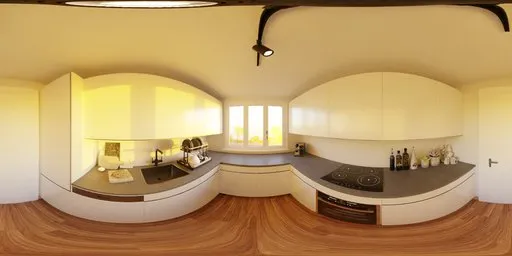 Panoramic HDR of a bright, warm kitchen with wooden floors, white counters, and natural morning light through the window.