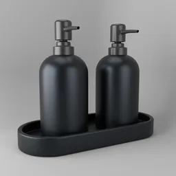 "Black soap bottles on a tray, featuring a simple and elegant industrial design concept. This 3D model for Blender 3D showcases two matt black soap dispensers captured in bottles, spraying liquid. Perfect for CAD and industrial design enthusiasts."