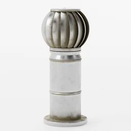 "Metal rooftop air ventilation prop designed for agriculture category in Blender 3D. The 3D model features a silver vase with a metallic base on a white surface, providing a unique and functional addition to any virtual agricultural scene."