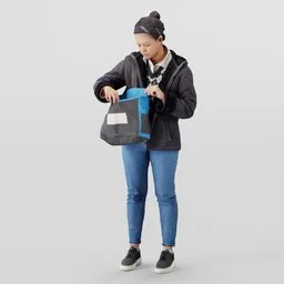 Detailed 3D female model in casual attire interacting with handbag, ideal for Blender rendering.