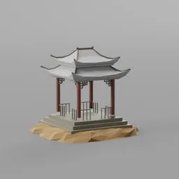 Detailed 3D rendering of a stylized oriental pavilion, ideal for Blender scenes, showcasing low-poly design aesthetics.