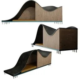 Realistic Blender 3D dog house model with unique curved design, showcasing multiple views.