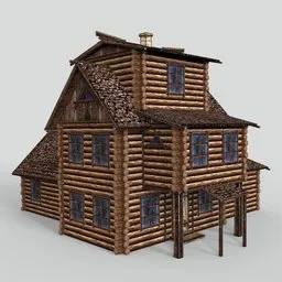 Detailed 3D model of a wooden log fortress with multiple windows, designed for Blender rendering.
