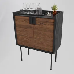 "Add a touch of elegance to your restaurant/bar scene with the Brae Bar Cabinet 3D model. Featuring a wine glass holder and detailed wood cabinets, this stylized model is perfect for cocktail bar productions. Rendered with Luxcore and Octane for maximum detail and realism."