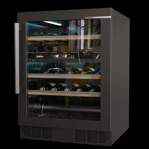 Highly detailed Bosch wine cooler 3D render, compatible with Blender for photorealistic kitchen scenes.