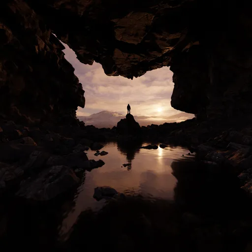 3D-rendered rocky cave with reflective water and HDRI sky, realistic textures and lighting, suitable for Blender visualization.