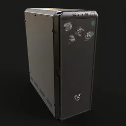 Detailed 3D model of a sleek black computer case with modern design, optimized for Blender rendering.