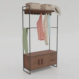"Classic Open Wardrobe 3D model for Blender 3D with wooden rack, clothes, and hats. Clean lines and elegant design by Eliot Kohek. Perfect for realistic interior design renders."