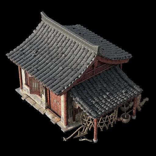 Detailed 3D model of an ancient Chinese house with intricate textures and realistic architecture, perfect for Blender rendering.