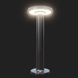 Realistic 3D model of modern short street lamp with illuminated circular head for Blender exterior rendering.