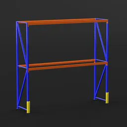 Highly-detailed Blender 3D model of an industrial pallet rack with vibrant colors, realistic proportions, and optimized for warehouse simulations.