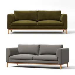 "Guide Sofa: Modern 3D Model with Double Material Variations for Blender 3D. Features a wooden frame, green couch, and variations in color and design. Ideal for interior design projects and product rendering. Explore Swedish-inspired furniture in RGB displacement with subtle color variations."