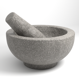 "Blender 3D model: Pestle and Mortar Stone pounding in a granite bowl with centered radial design, perfect for kitchen-themed CGI animations and game renders. This high-quality 3D model features a simplified, greyscale depiction of a mortar and pestle near a kitchen stove, emphasizing its use in medicine and culinary applications. Download now for your Blender 3D projects."