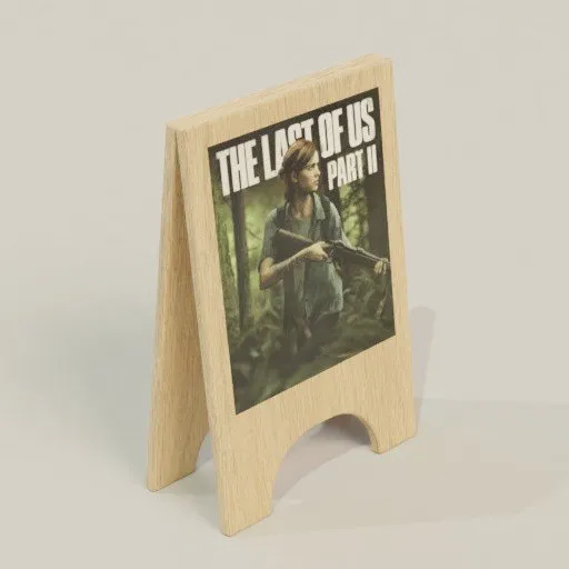 Realistic 3D render of a wooden poster display stand for Blender modeling and art presentations.