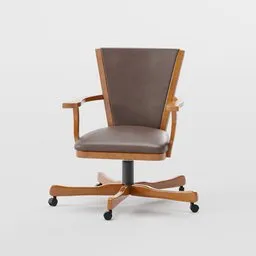 Detailed 3D rendering of a wooden office chair with armrests and wheels, suitable for Blender modeling projects.