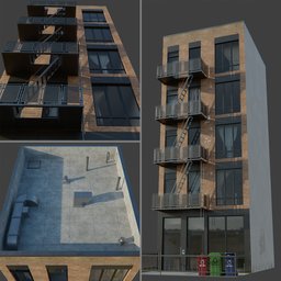 Midpoly Blender 3D model of a Brooklyn-inspired building with detailed textures, materials, interior furniture, and rooftop elements.